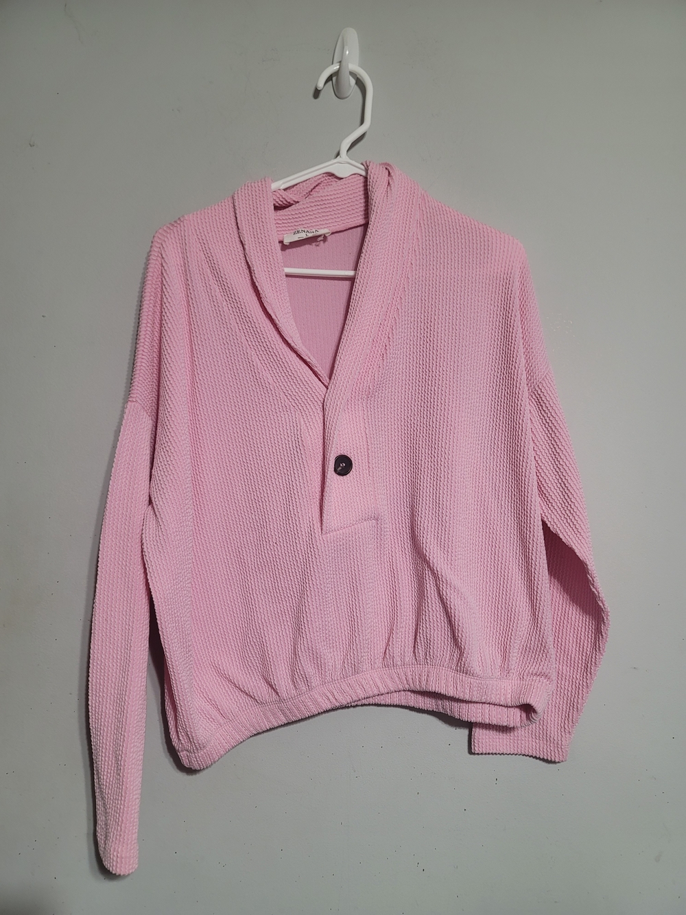 Zenana Womans Sz Large Pink V-Neck Waffle Cropped Top Cozy Casual Shirt